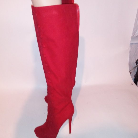Just Fab Over the Knee Boots Womens Size 10 Solid Red Button Detail Platform Sid - Picture 4 of 16